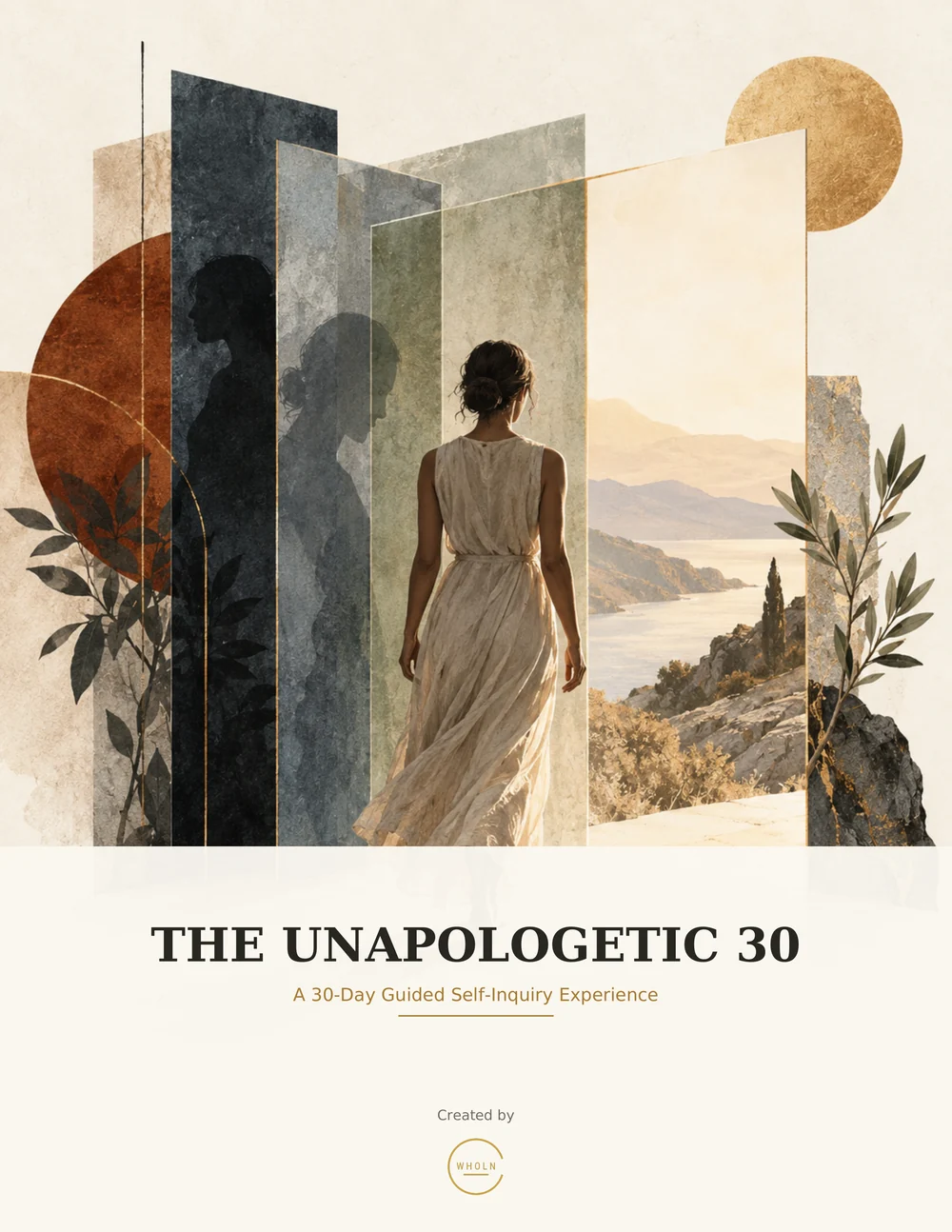 Cover of The Unapologetic 30, a 30-day guided reflection workbook. A woman in a flowing dress, seen from behind, steps through layered panels toward a sunlit coastline.